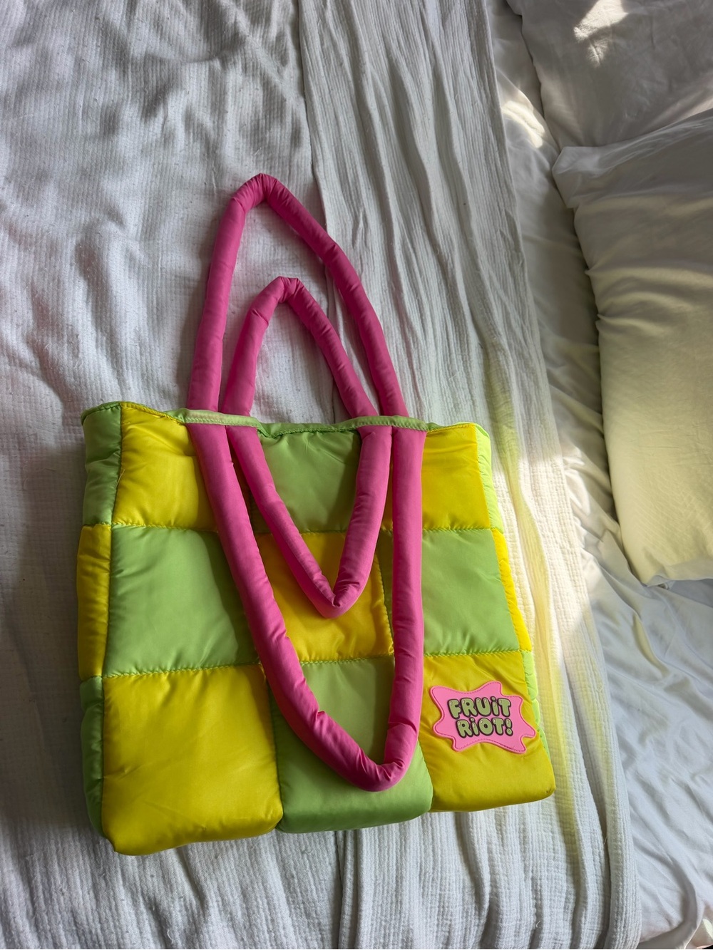Fruit Riot Green & Yellow Puffy Quilted Tote with Pink Handles